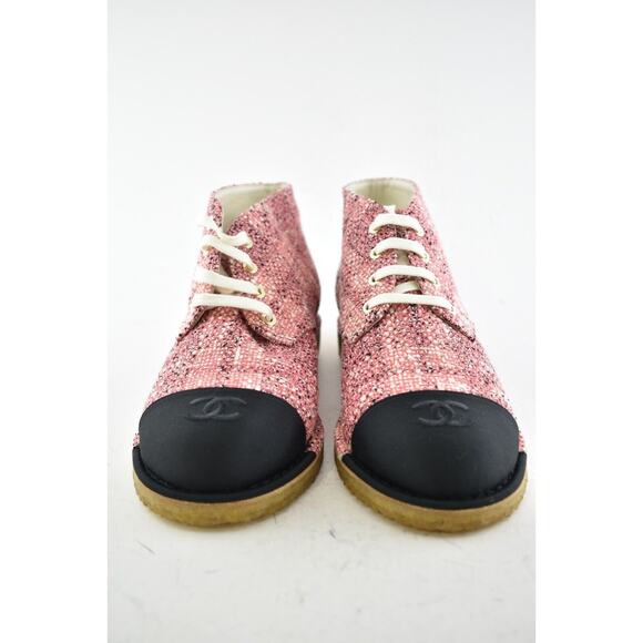 Chanel 19P Pink Beige Black Tweed CC Lace Up Tie Ankle Short Sneaker Boots 42 - Picture 3 of 8